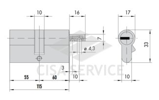 ON3M4.02.0.12 Cisa C3000 S MODULO цилиндр усиленный 115 (55x60) кл/верт. (никель), 3 ключа